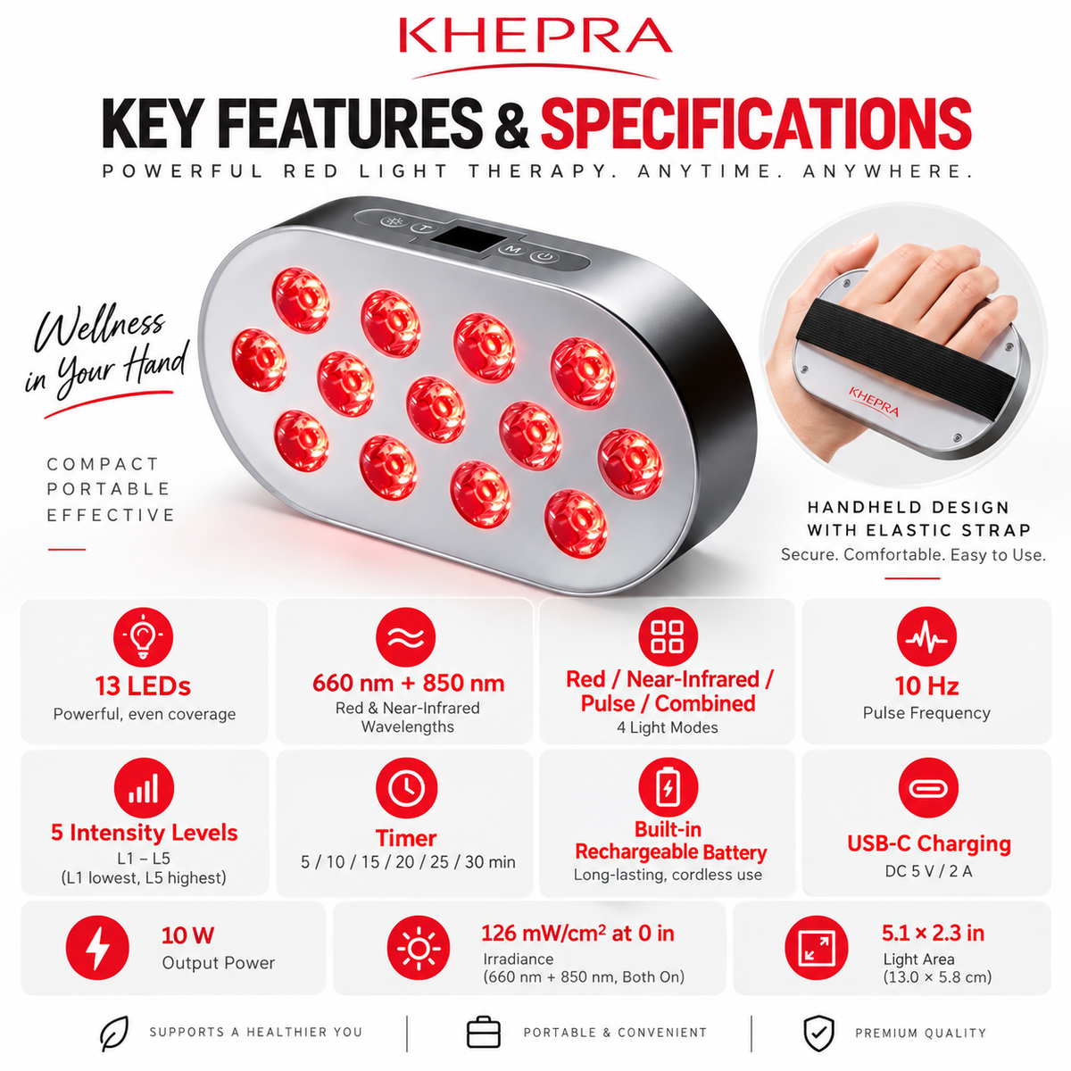 KHEPRA A13 Portable Handheld Red Light Panel